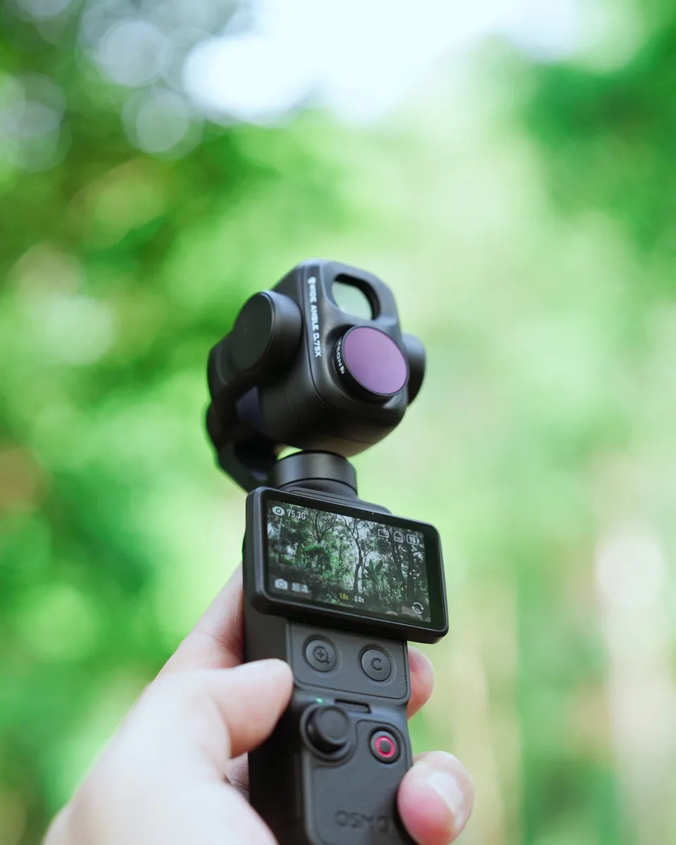DJI Osmo Pocket 4P fitted with the Freewell 0.75x wide-angle lens and an ND filter