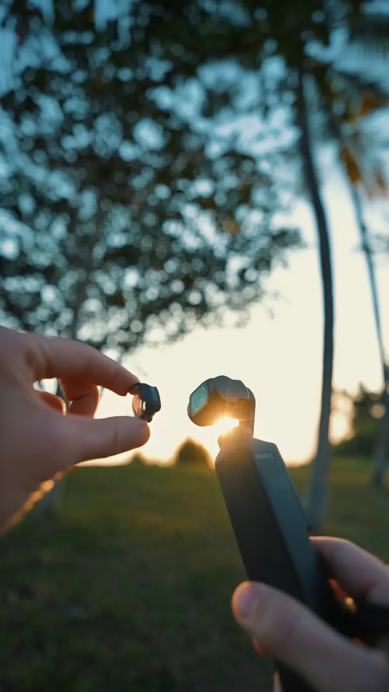 Attaching the compact Freewell 2x lens to a Pocket camera