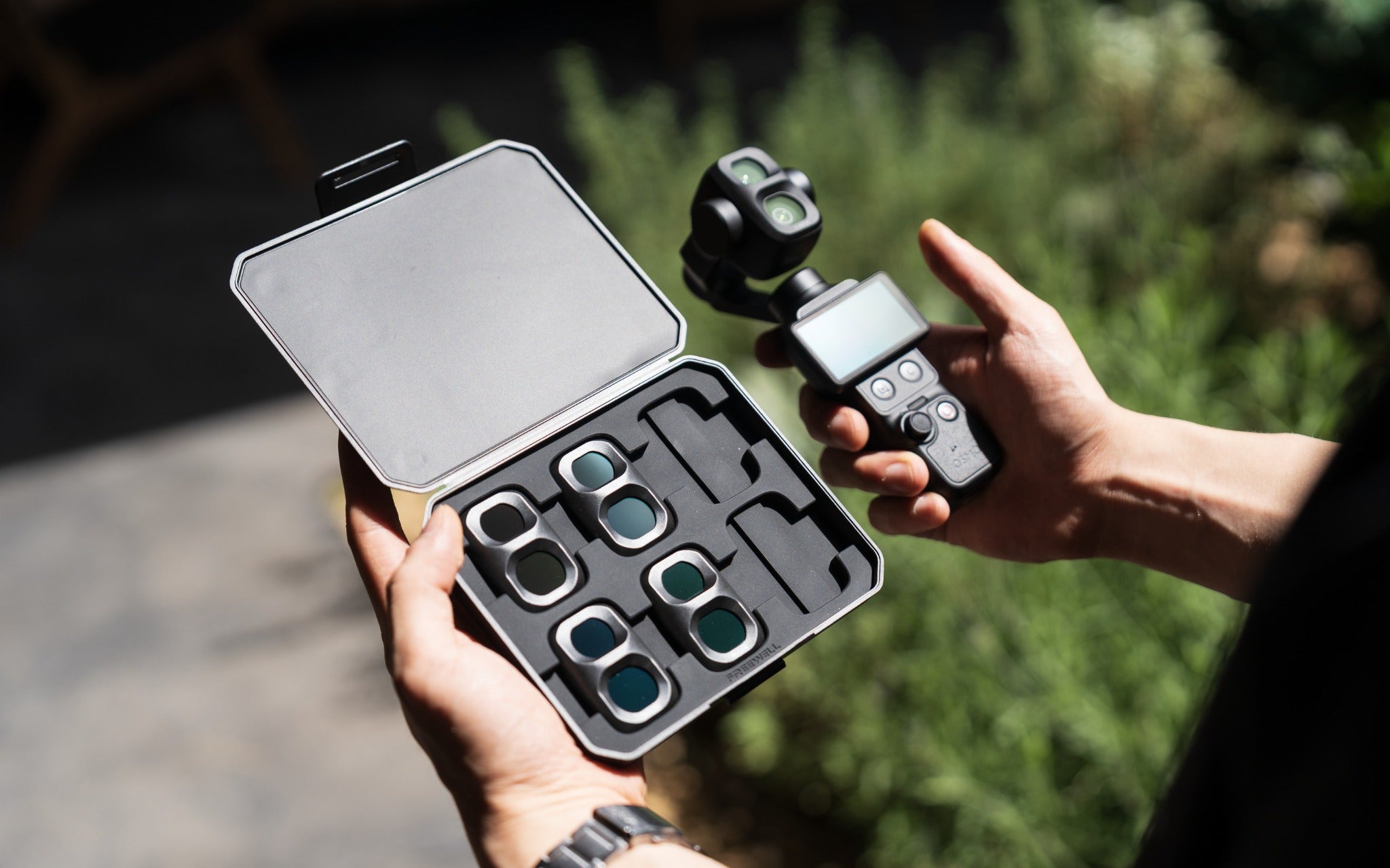 Freewell DJI Osmo Pocket 4P filter cases used outdoors