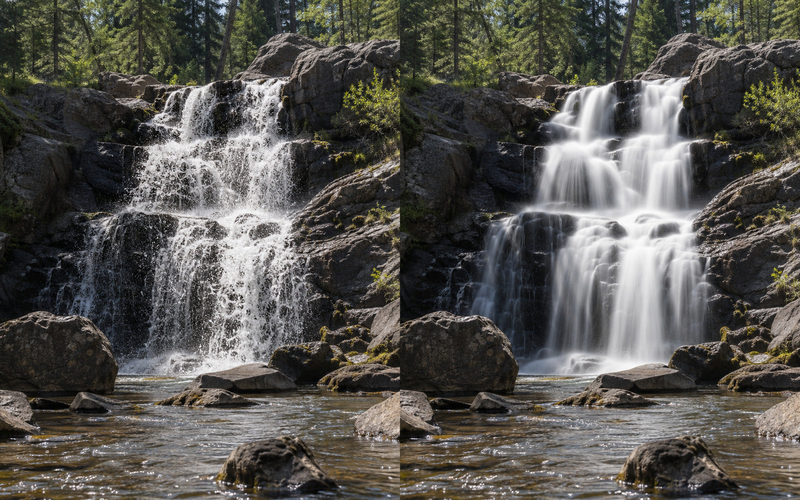 Side by side comparison showing frozen movement without an ND filter and natural motion blur with an ND filter