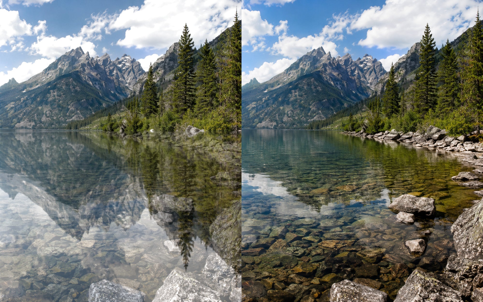Side by side comparison showing reflections without an ND PL filter and clearer water with reduced glare using an ND PL filter