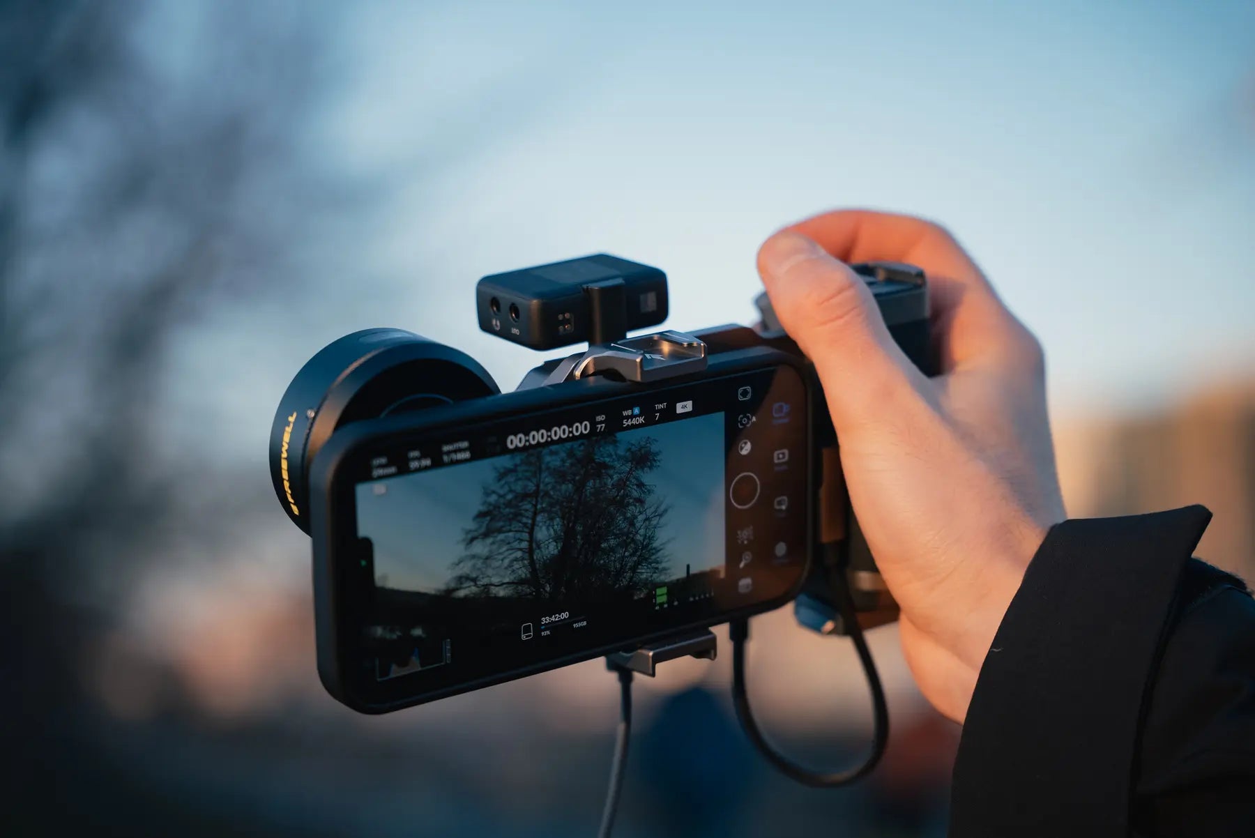 Smartphone filmmaking rig using the Freewell Pro SSD Hub while recording outdoors