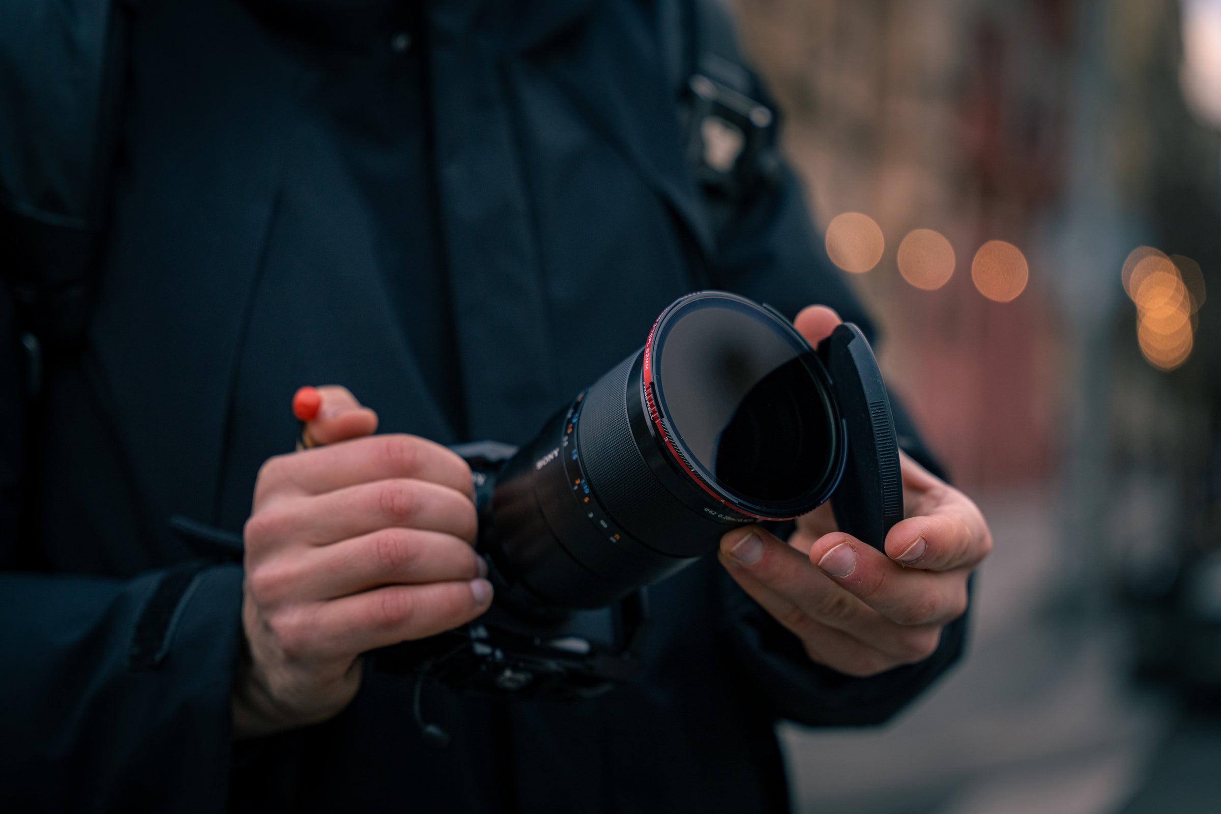 Close view of a Freewell ultra-thin variable ND and CPL filter mounted on a camera lens