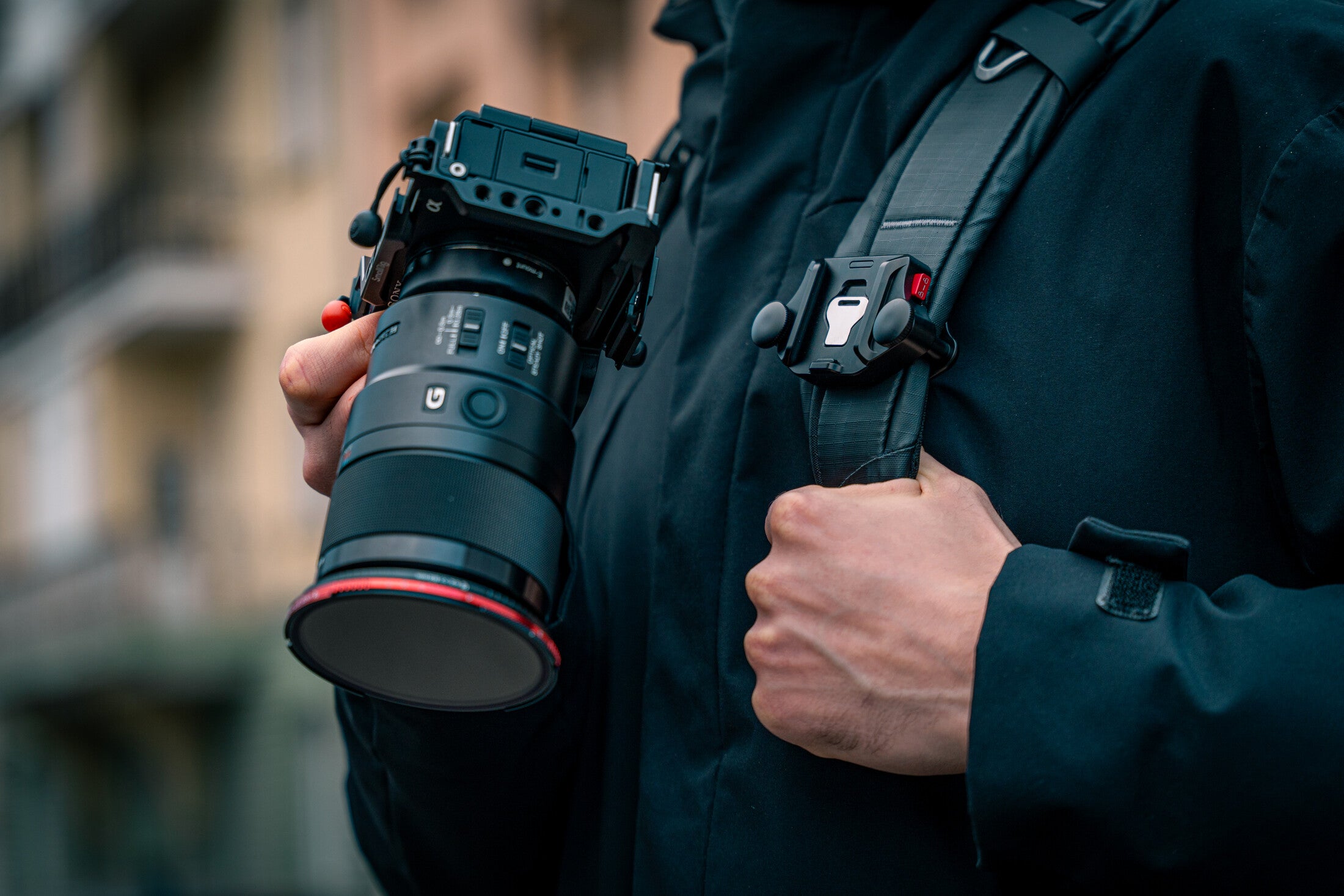 Freewell hybrid VND and CPL filter in use on a filmmaker camera