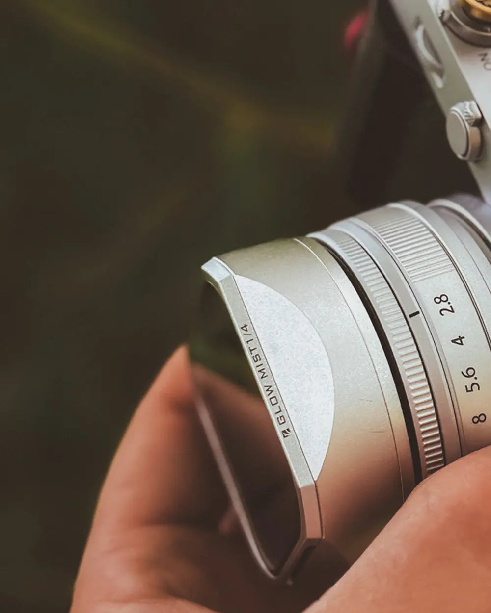 Close detail of the silver Glow Mist 1/4 filter fitted to the XF23mmF2.8 lens hood