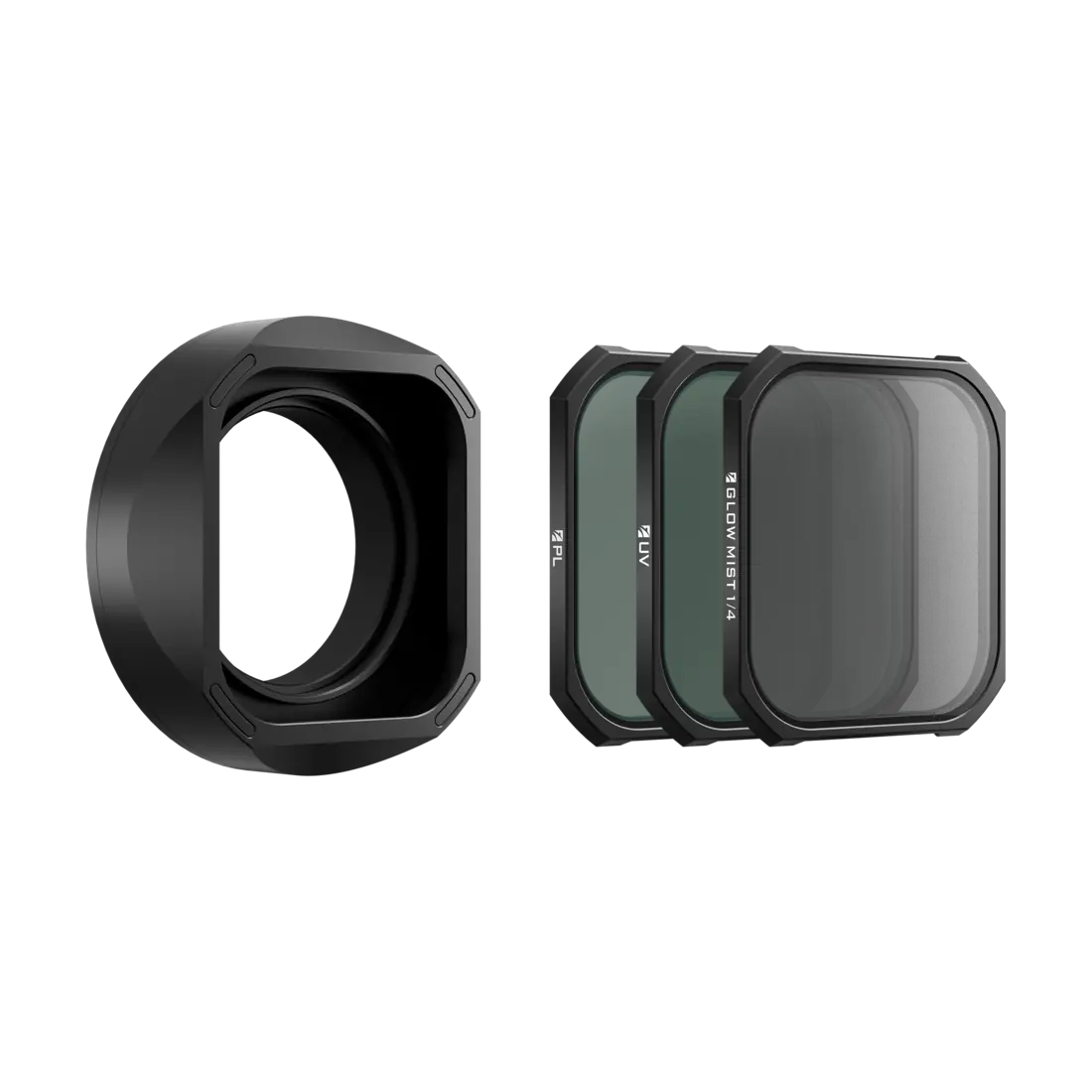 Black lens hood with UV, PL, and Glow Mist 1/4 filters