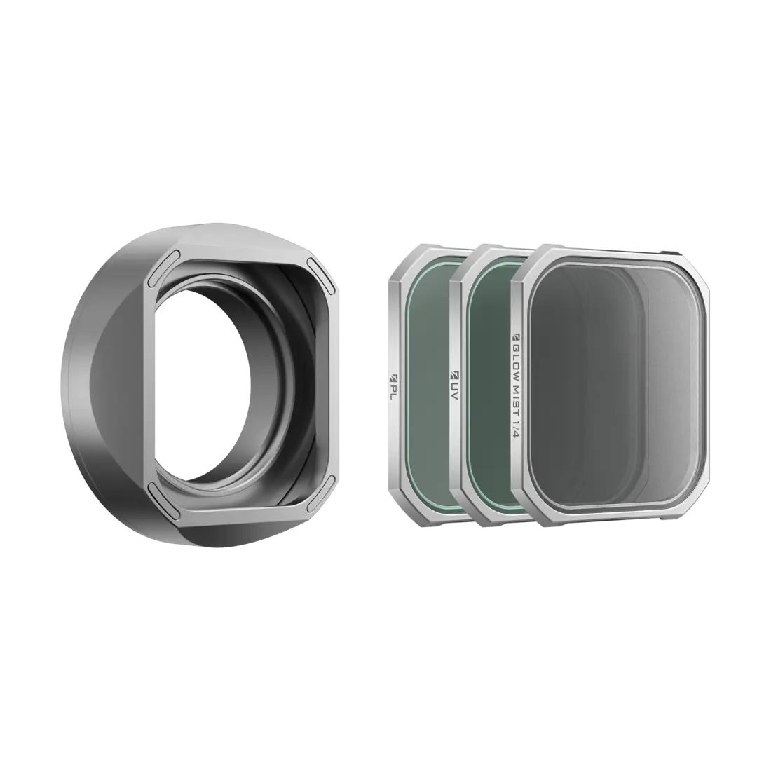 Silver lens hood with UV, PL, and Glow Mist 1/4 filters