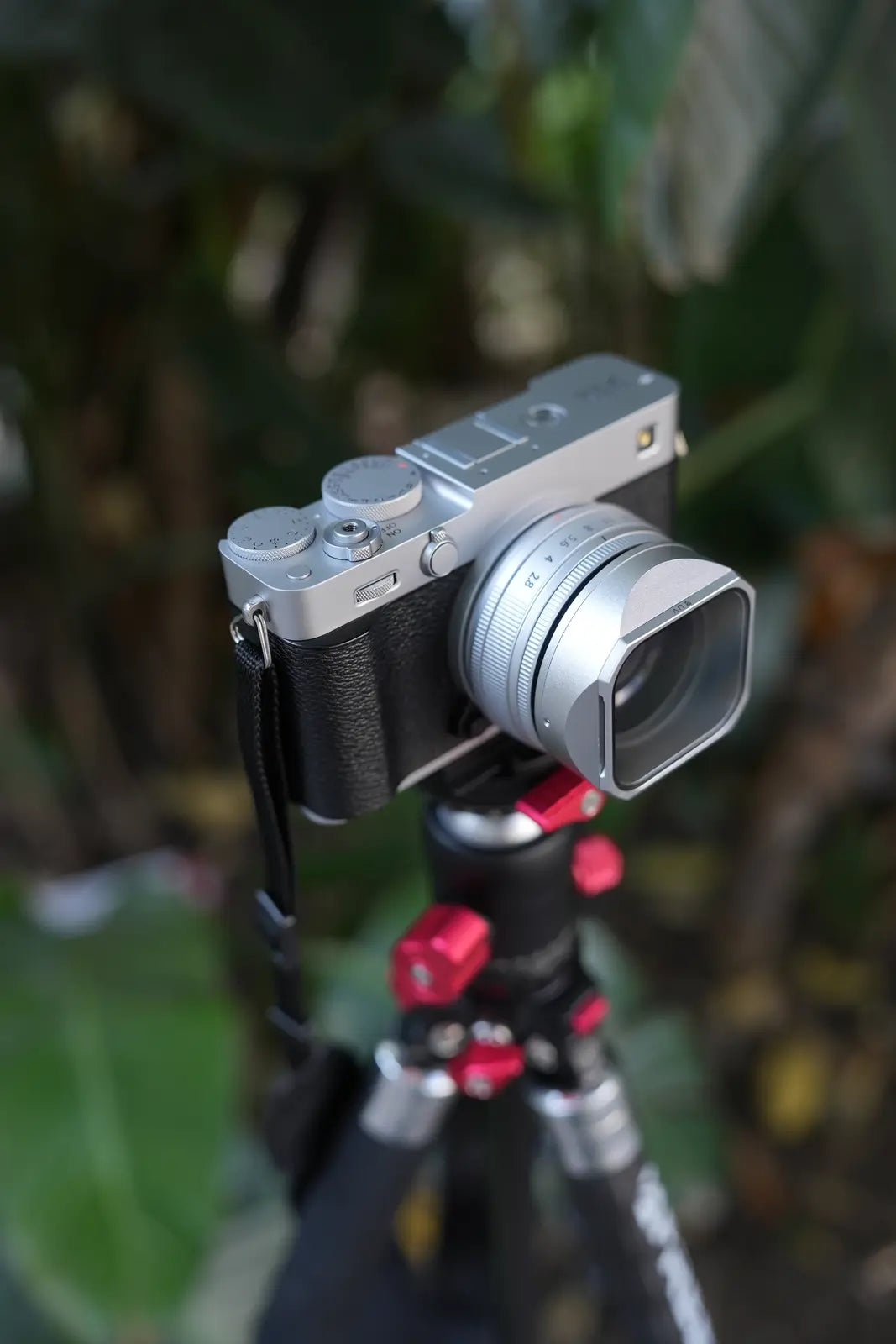 Fujifilm X-E5 ready to shoot with the lens hood and filter fitted