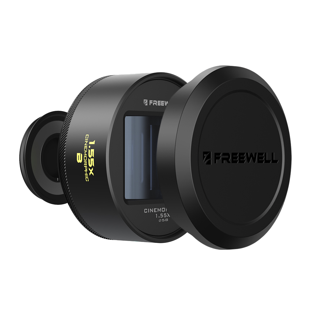 Blue 1.55x anamorphic lens with magnetic caps
