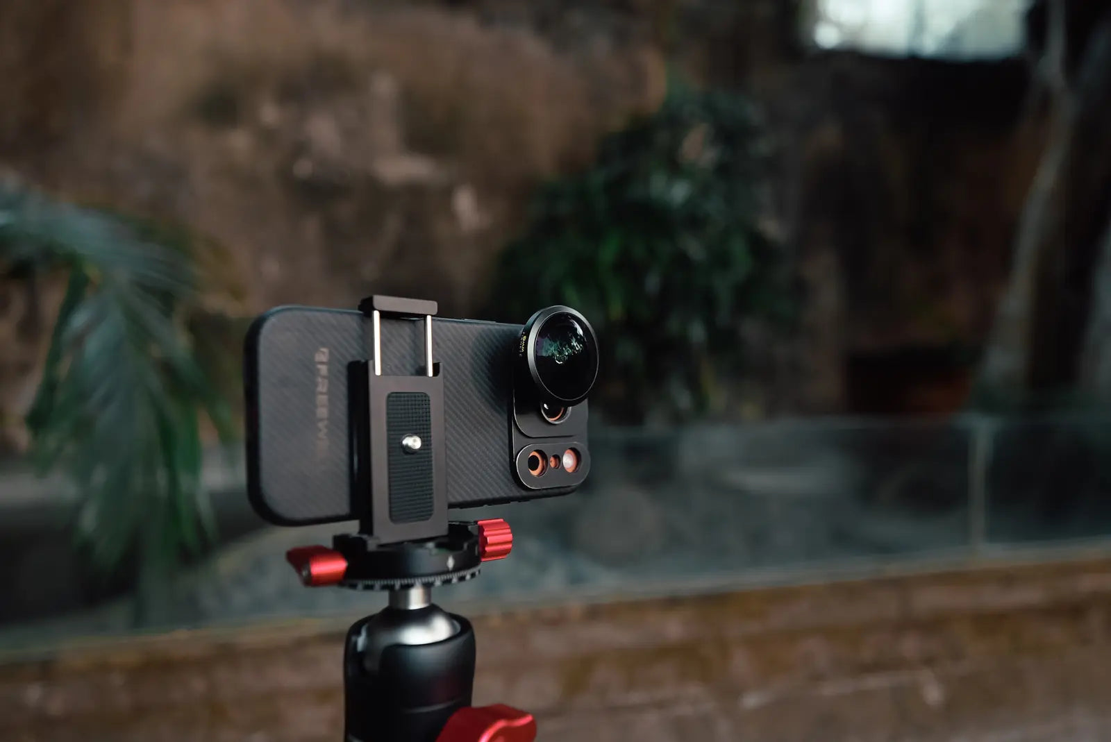 Phone and fisheye lens secured on a tripod