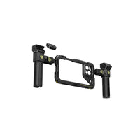 The Freewell Genius Rig for the iPhone 16/15 Pro/Max, featuring a protective cage with detachable handles on both sides and an additional mounting piece.