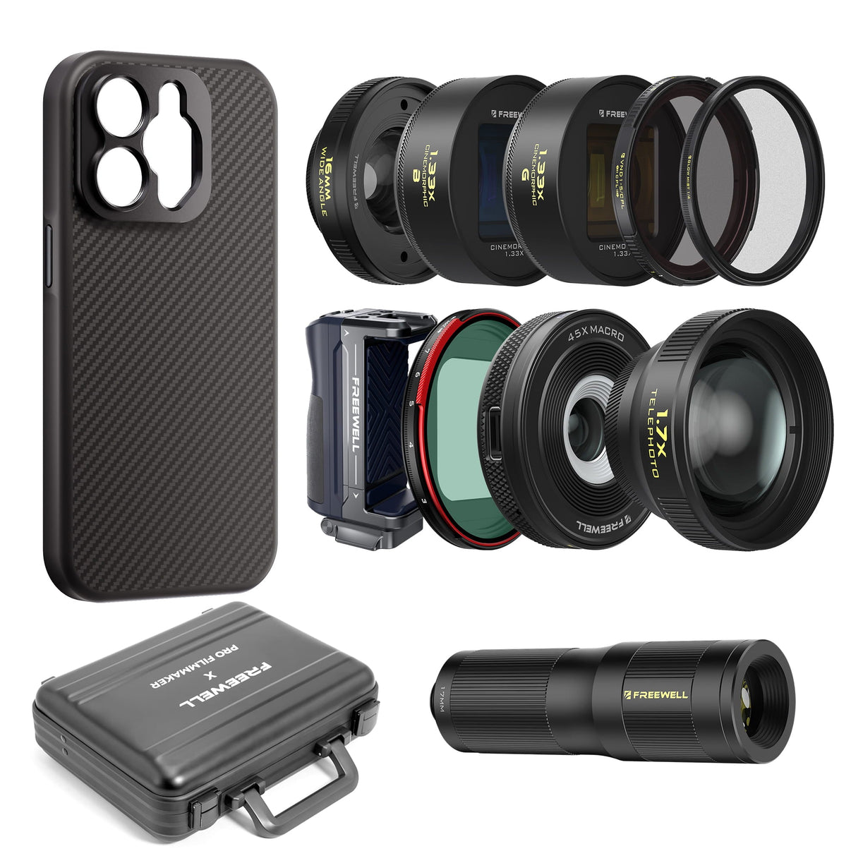 iPhone 13 Pro/Max Kit, including case, lenses (wide angle, telephoto, macro, 1.33x anamorphic, VND/CPL, mist), grip, and carrying case.