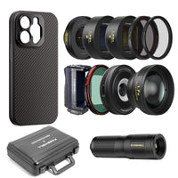 iPhone 13 Pro/Max Kit, including case, lenses (wide angle, telephoto, macro, 1.33x anamorphic, VND/CPL, mist), grip, and carrying case.