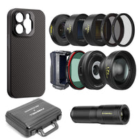 iPhone 13 Pro/Max Kit, including case, lenses (wide angle, telephoto, macro, 1.55x anamorphic, VND/CPL, mist), grip, & carrying case.