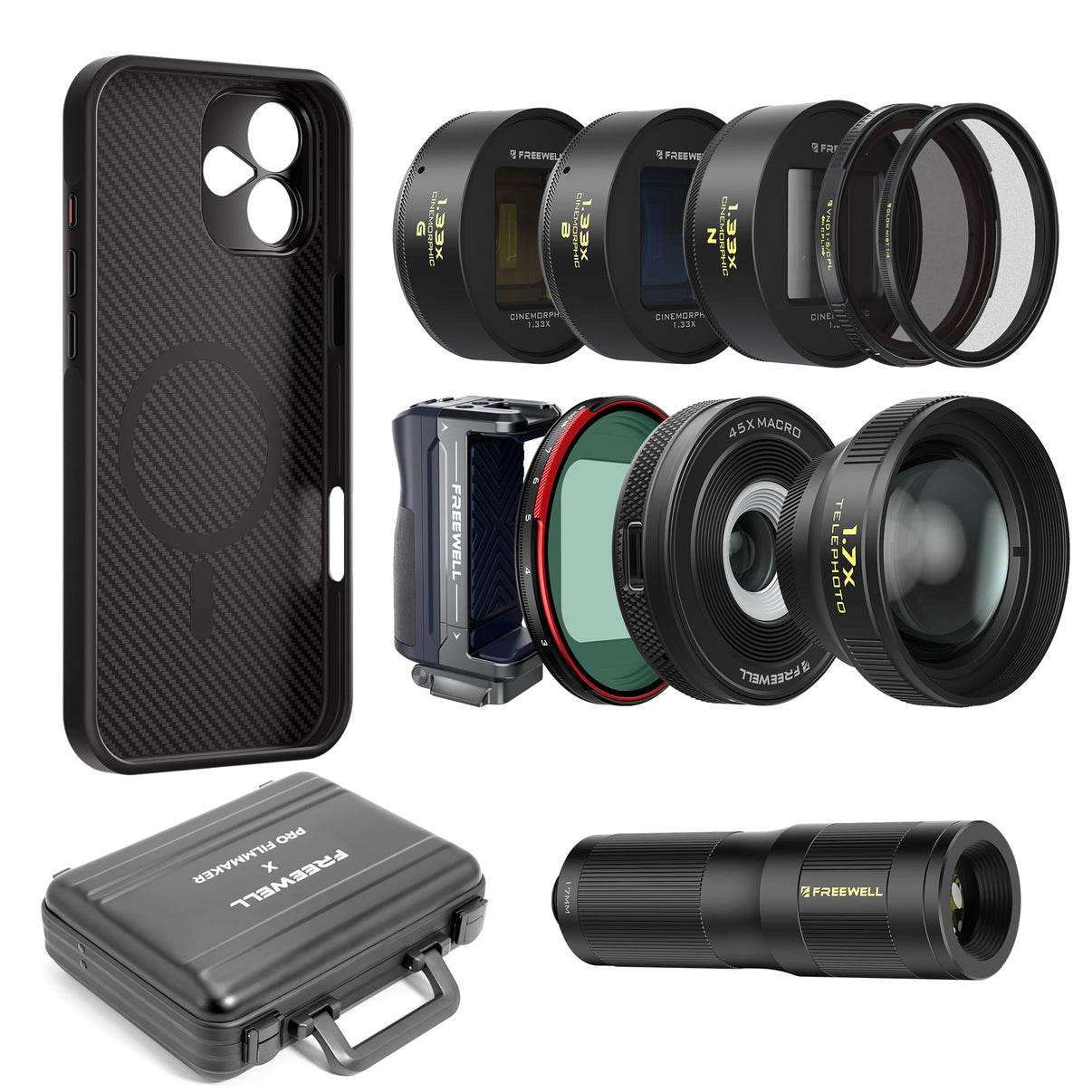 iPhone 16 Plus kit, including carbon fiber case, lenses (telephoto, macro, anamorphic, VND/CPL, mist), grip, & carry case.