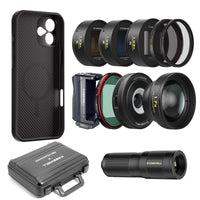 iPhone 16 Plus kit, including carbon fiber case, lenses (telephoto, macro, anamorphic, VND/CPL, mist), grip, & carry case.
