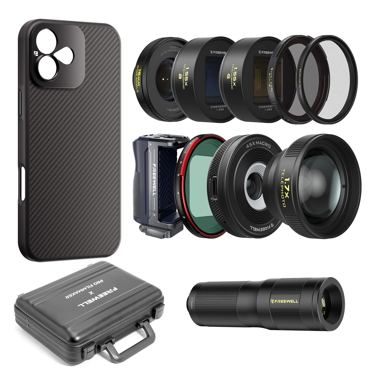 iPhone 16 Plus kit, including case, lenses (wide angle, telephoto, macro, 1.55x anamorphic, VND/CPL, mist), grip, & carry case.