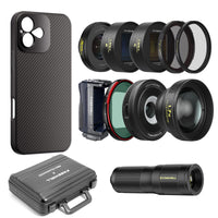 iPhone 16 Plus kit, including case, lenses (wide angle, telephoto, macro, 1.55x anamorphic, VND/CPL, mist), grip, & carry case.