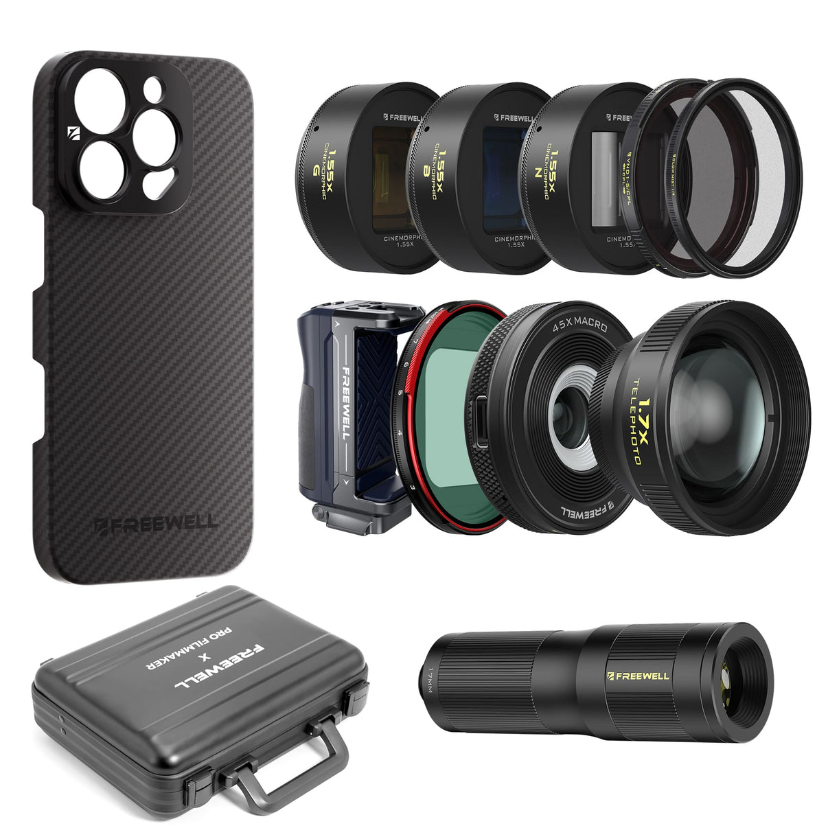 iPhone 16 Pro/Max case, lenses (telephoto, macro, 1.55x anamorphic, VND/CPL, mist filters), a grip, and a carrying case.