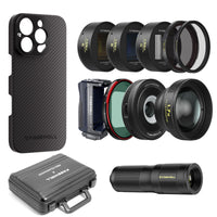 iPhone 16 Pro/Max case, lenses (telephoto, macro, 1.55x anamorphic, VND/CPL, mist filters), a grip, and a carrying case.