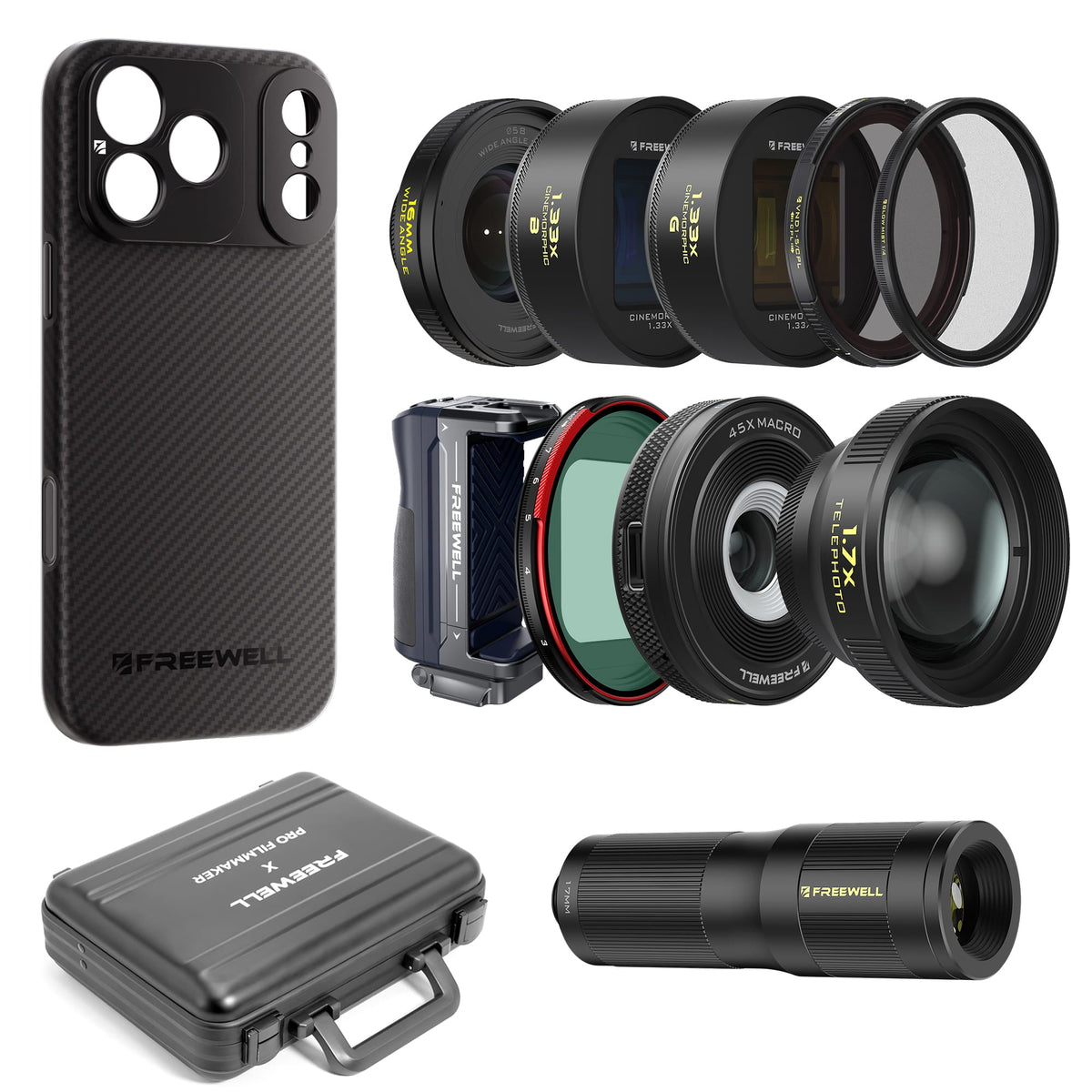 Freewell iPhone Cinematographer Pro Kit with lenses, filters, grip and carry case