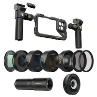 iPhone 16 Pro cage mega kit includes a rig, VND, slide-on lens filters, 1.33x anamorphic lens, telephoto & macro lens.