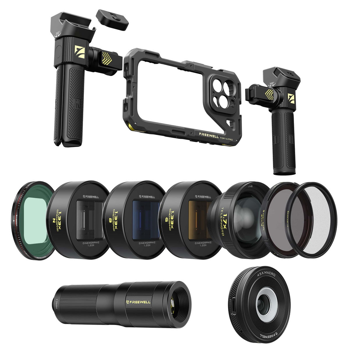iPhone 16 Pro mega kit includes a rig, VND, slide-on lens filters, 1.55x anamorphic lens, telephoto & macro lens.