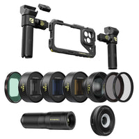 iPhone 16 Pro mega kit includes a rig, VND, slide-on lens filters, 1.55x anamorphic lens, telephoto & macro lens.