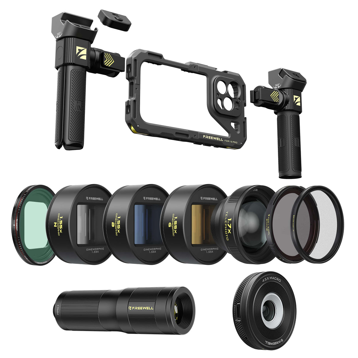 iPhone 16 Pro mega kit includes a rig, VND, slide-on lens filters, 1.55x anamorphic lens, telephoto & macro lens.