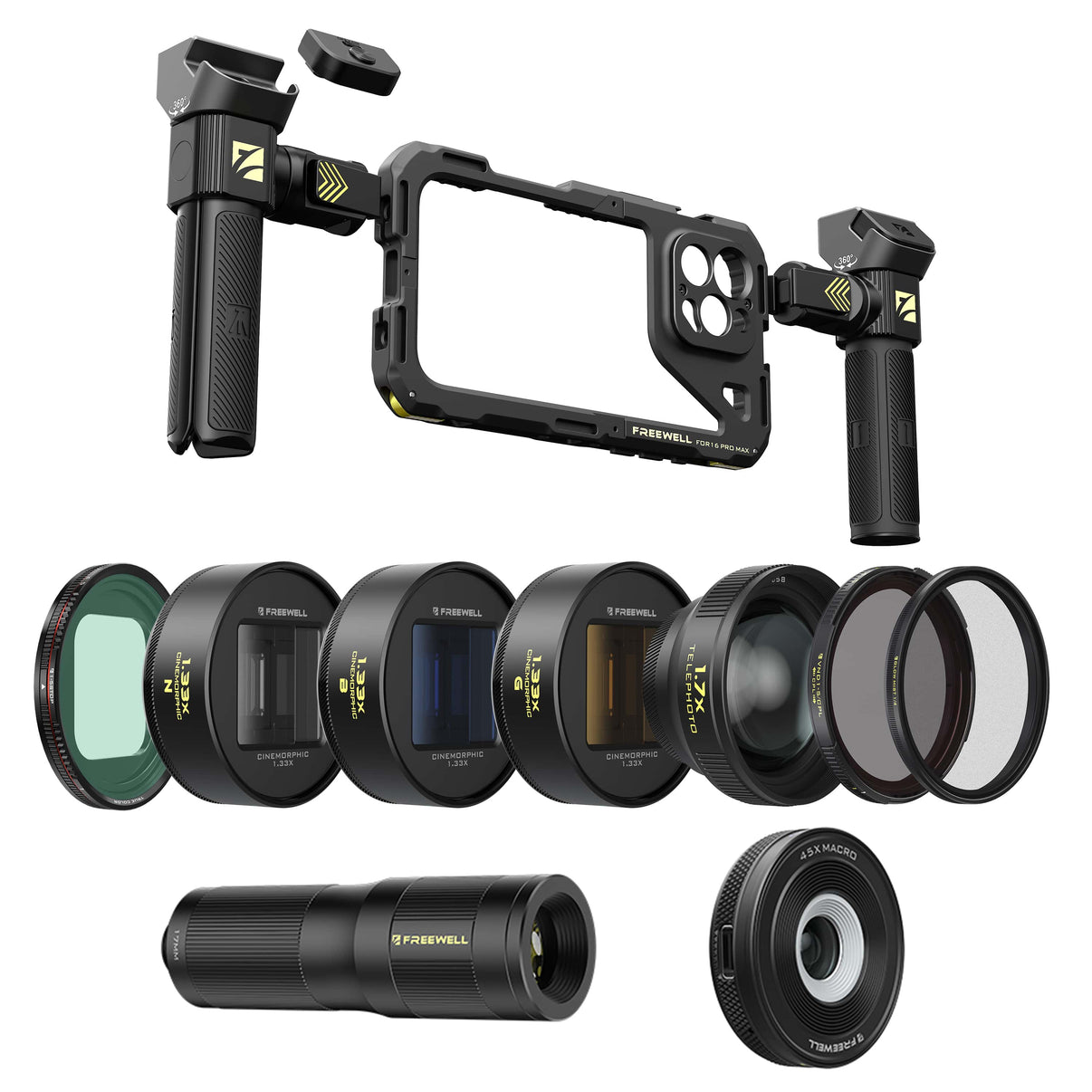 iPhone 16 Pro Max mega kit includes a rig, VND, slide-on lens filters, anamorphic lens, telephoto & macro lens.
