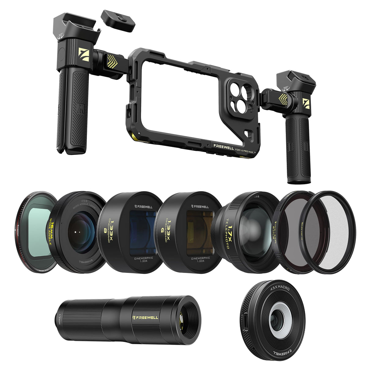 iPhone 16 Pro Max cage mega kit includes a rig, VND, slide-on lens filters, 1.33x anamorphic lens, telephoto & macro lens.