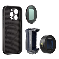 iPhone 15 Pro Max Filmmaker Cine Kit includes iPhone case, a grip, a 1.33x blue anamorphic lens and a VND1-5 filter.