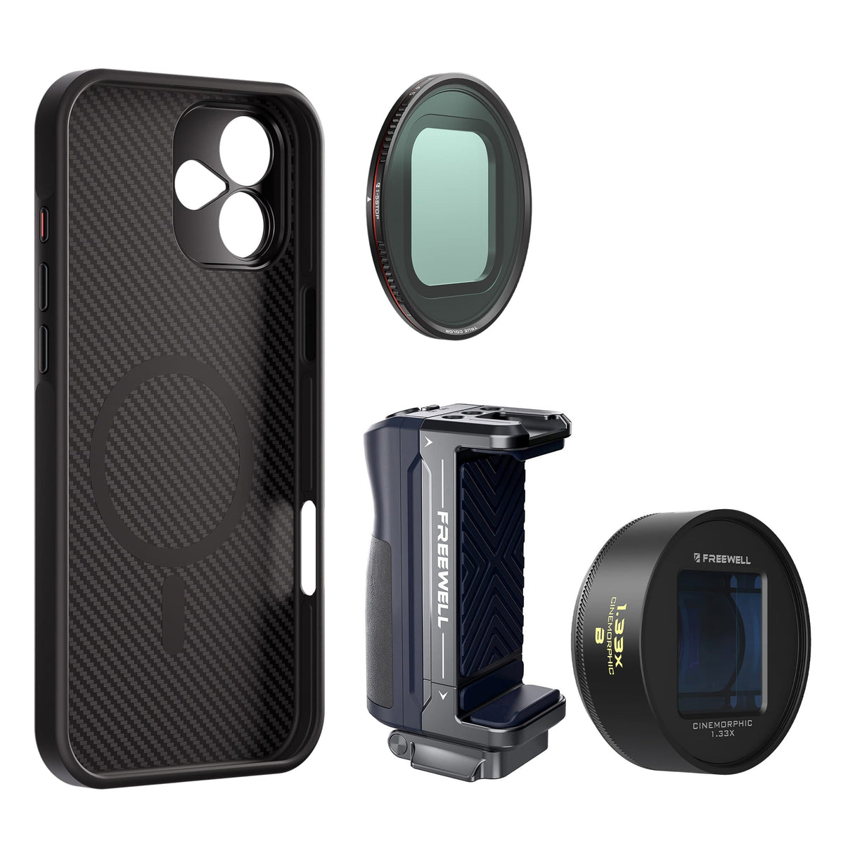 iPhone 16 Plus Filmmaker Blue Cine Kit has an iPhone case, a grip, a 1.33x blue anamorphic lens and a VND1-5 filter.