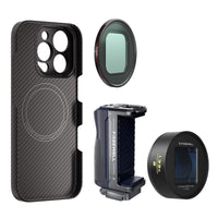 iPhone 16 Pro Max Filmmaker Blue Cine Kit includes iPhone case, a grip, a 1.33x blue anamorphic lens and a VND1-5 filter.