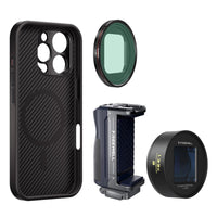 iPhone 16 Pro Max Filmmaker Blue Cine Kit includes iPhone case, a grip, a 1.33x blue anamorphic lens and a VND1-5 filter.
