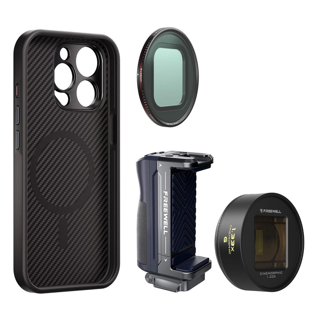 iPhone 15 Pro Max Filmmaker Gold Cine Kit includes iPhone case, a grip, a 1.33x gold anamorphic lens and a VND1-5 filter.