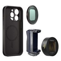 iPhone 15 Pro Max Filmmaker Gold Cine Kit includes iPhone case, a grip, a 1.33x gold anamorphic lens and a VND1-5 filter.