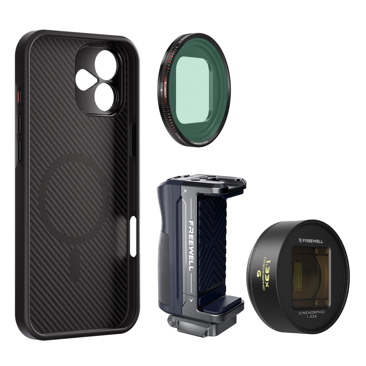 iPhone 16 Plus Filmmaker Kit includes iPhone case, a multifunctional grip, a 1.33x gold anamorphic lens and a VND1-5 filter.