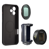 iPhone 16 Plus Filmmaker Kit includes iPhone case, a multifunctional grip, a 1.33x gold anamorphic lens and a VND1-5 filter.