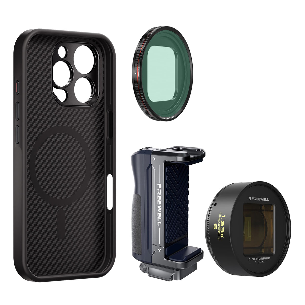 iPhone 16 Pro Max Filmmaker Gold Kit includes iPhone case, a grip, a 1.33x gold anamorphic lens and a VND1-5 filter.