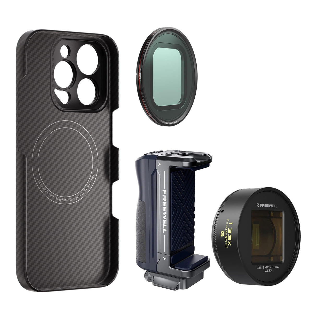 iPhone 16 Pro Max Filmmaker Gold Kit includes iPhone case, a grip, a 1.33x gold anamorphic lens and a VND1-5 filter.