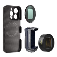 iPhone 16 Pro Max Filmmaker Gold Kit includes iPhone case, a grip, a 1.33x gold anamorphic lens and a VND1-5 filter.