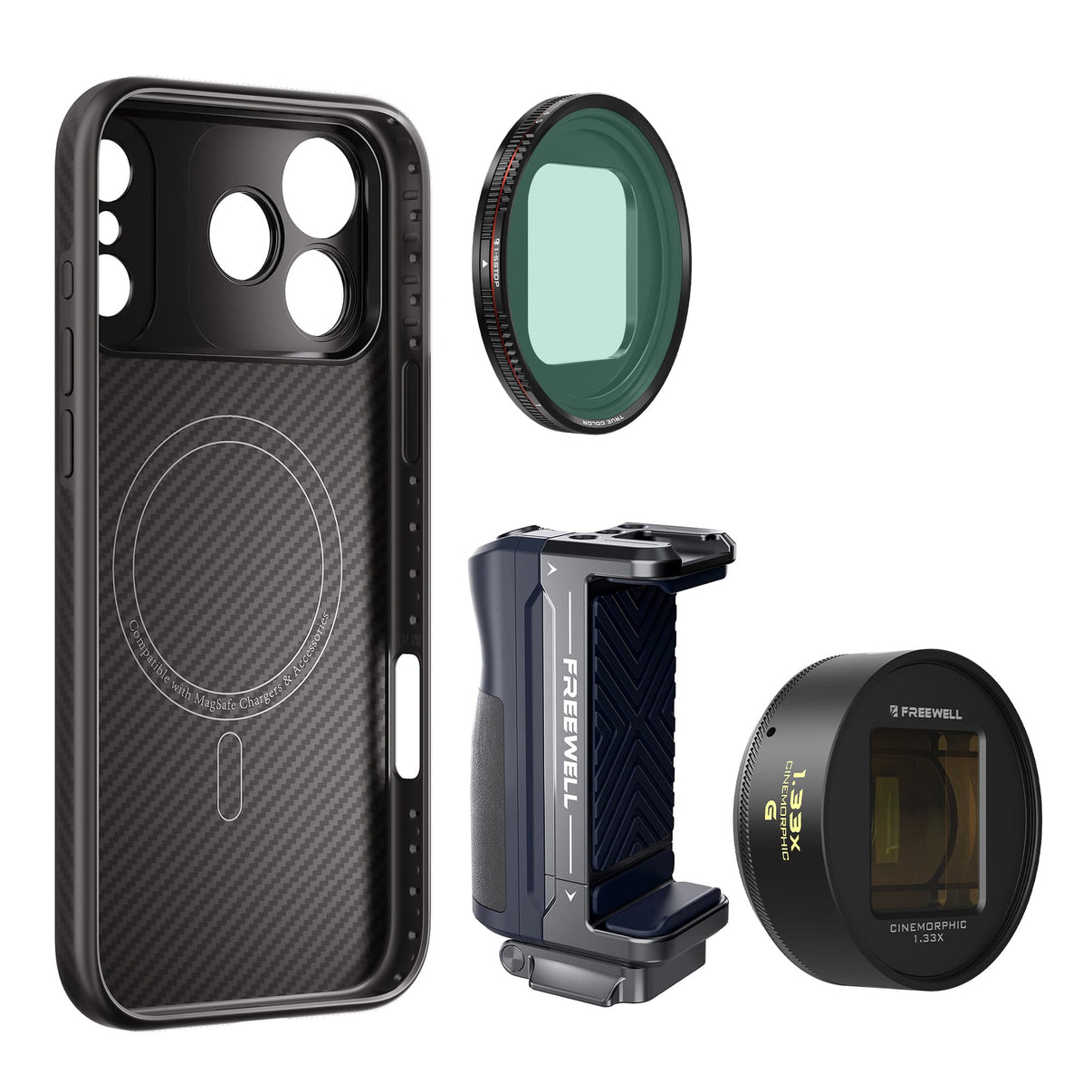 iPhone 17 Pro Max case, grip, 1.33x gold anamorphic lens with VND1-5