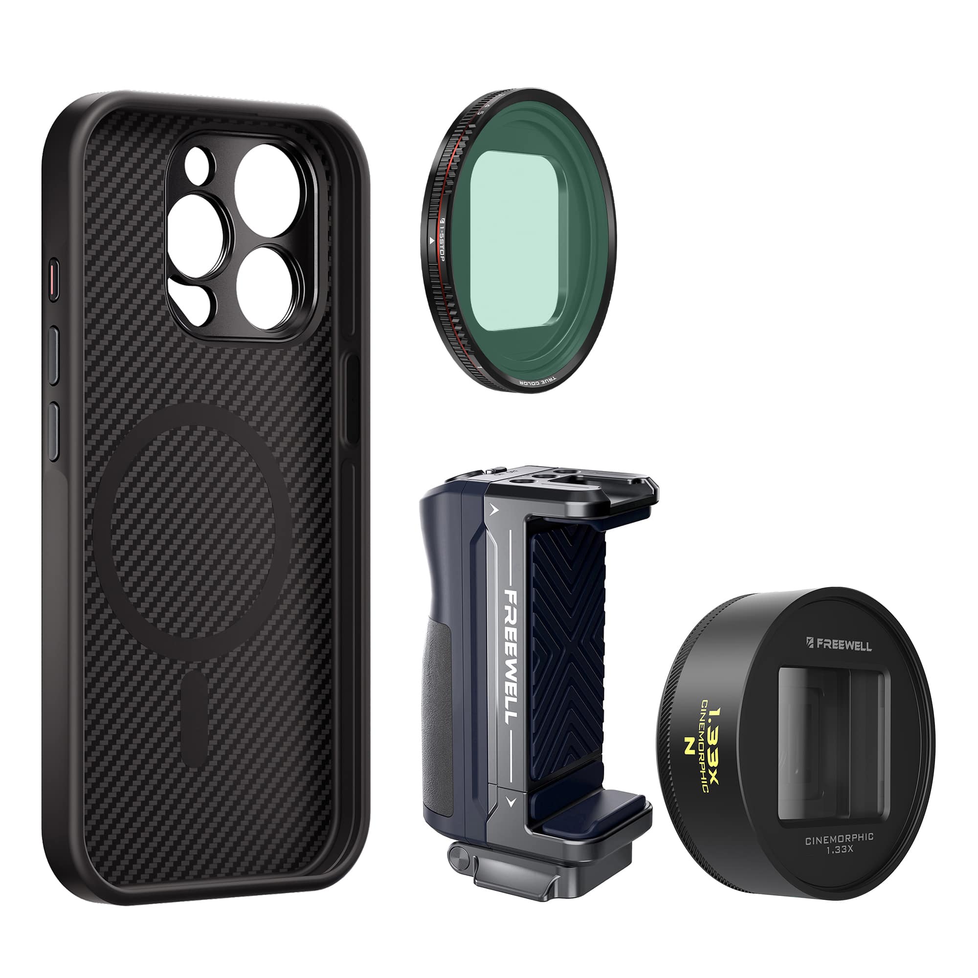 Freewell Genius Rig Kit iPhone 16 Pro用美品 iPhone Genius Rig Cage – SnapClamp, Filters, Remote Kit