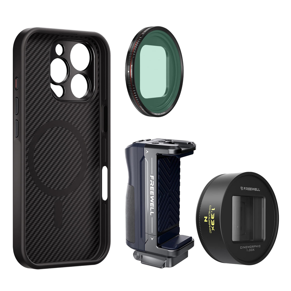 iPhone 16 Pro Max Filmmaker Kit includes an iPhone case, a grip, a 1.33x neutral anamorphic lens and a VND1-5 filter.