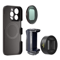 iPhone 16 Pro Max Filmmaker Kit includes an iPhone case, a grip, a 1.33x neutral anamorphic lens and a VND1-5 filter.