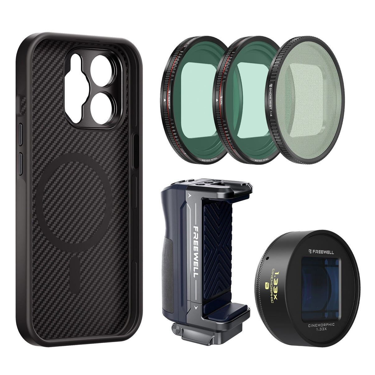 Blue 1.33x anamorphic lens for freewell with iPhone 14 pro max case, Magnetic filters VND, Snow Mist, CL, Bluetooth Grip Kit by Freewell