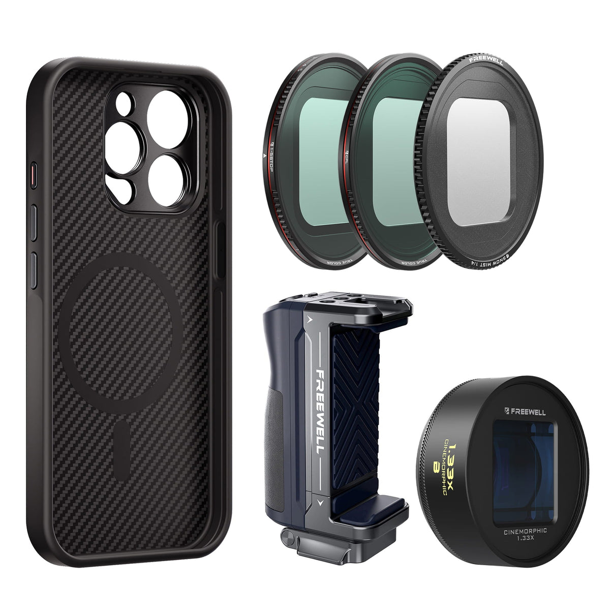 Blue 1.33x anamorphic lens for freewell with iPhone 15 pro max case, Magnetic filters VND, Snow Mist, CL, Bluetooth Grip Kit by Freewell