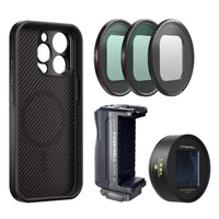 Blue 1.33x anamorphic lens for freewell with iPhone 15 pro max case, Magnetic filters VND, Snow Mist, CL, Bluetooth Grip Kit by Freewell