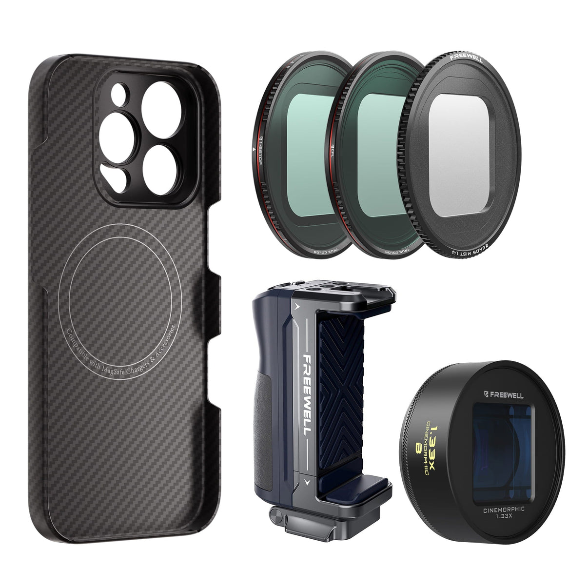 Blue 1.33x anamorphic lens for freewell with iPhone 16 pro max case, Magnetic filters VND, Snow Mist, CL, Bluetooth Grip Kit